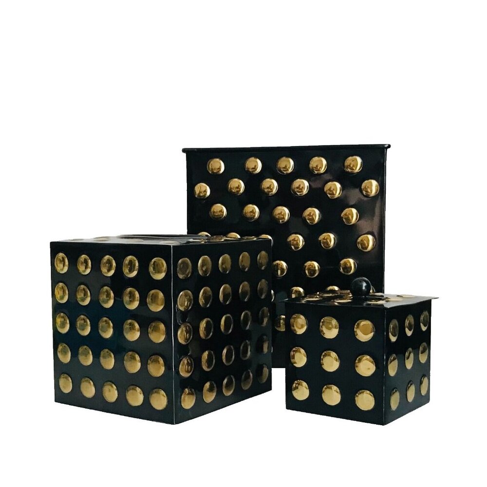 3 Piece Set Black & Gold Polka Dot Bathroom Trash Tissue Nesting Matching Metal